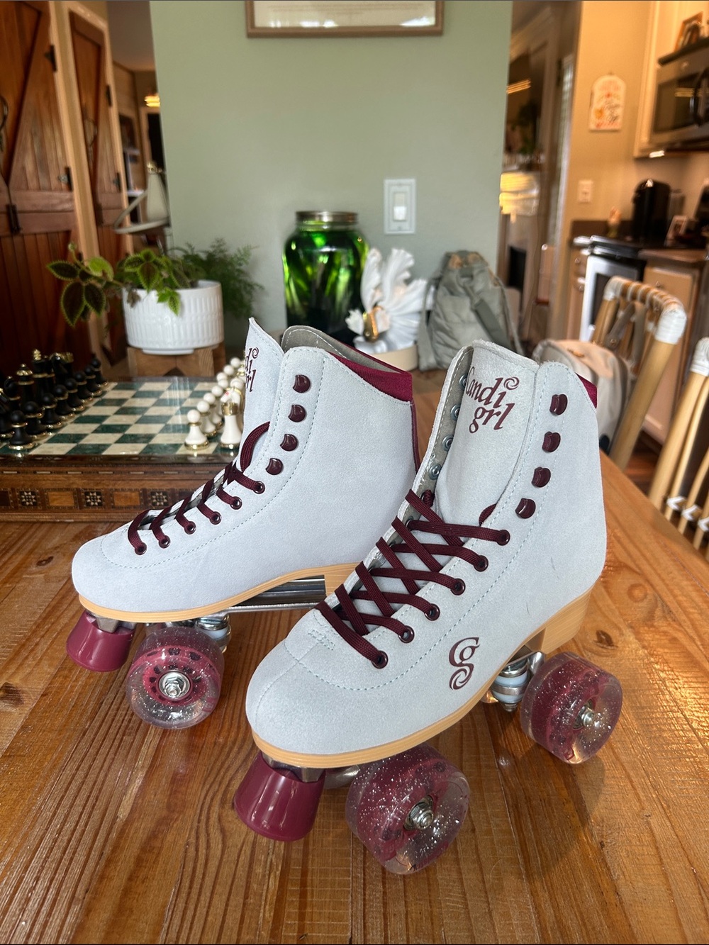 Blue/Gray Suede Roller Skates with Burgundy Accents